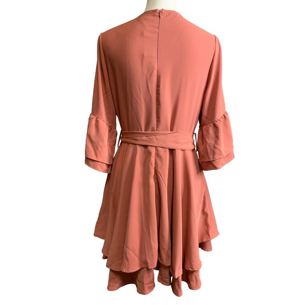 NWT Women's Dress Deep V-Neck Bell Sleeve Waist Wrap Tie Swing Mini Dresses - Picture 6 of 14